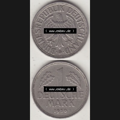 BRD Münzen 1 DM, Umlaufmünze 1950-2001, 1 DM Deutsche Mark, 1950 D-6. Vorderseite und Rückseite auf einen digitalen Bild / Foto der Münze aus Deutschland,... Sammlung