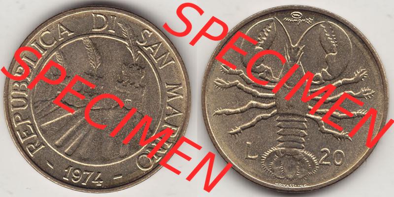 Aus offiziellen Münzensatz / KMS 1974 San Marino vor Euro 1974-1974, 20 Lire, L.20 MINGUZZI MONASSI INC. (3) Sammlung
