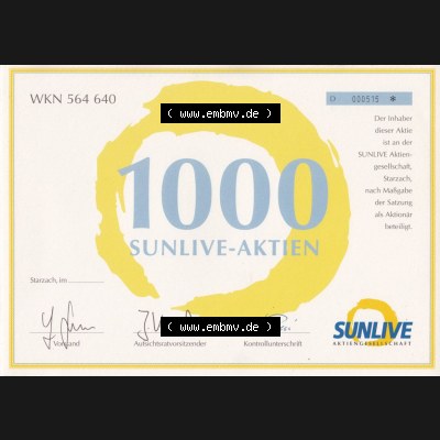 Alte Wertpapiere Bundesrepublik Deutschland in Deutscher Mark WKN 564 640, 1000 SUNLIVE-AKTIEN, Starzach (2) Sammlung