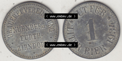 Alte Biermarken Allgemein 1934, Gut für 1 Liter Bier, Brauerei Vereinigung Nürnberg Furth Zirndorf. Vorderseite und Rückseite... Sammlung