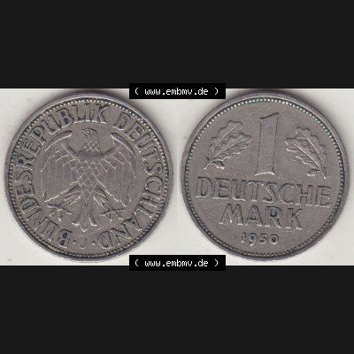 BRD Münzen 1 DM, Umlaufmünze 1950-2001, 1 DM Deutsche Mark, 1950 J-1. Vorderseite und Rückseite der Münze aus Deutschland Sammlung