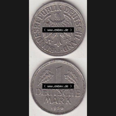 BRD Münzen 1 DM, Umlaufmünze 1950-2001, 1 DM Deutsche Mark, 1950 J-5. Vorderseite und Rückseite auf einen digitalen Bild / Foto der Münze aus Deutschland,... Sammlung