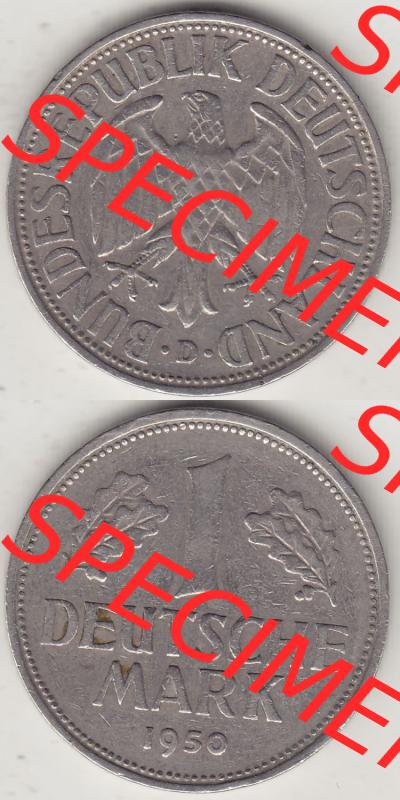BRD Münzen 1 DM, Umlaufmünze 1950-2001, 1 DM Deutsche Mark, 1950 D-4. Vorderseite und Rückseite auf einen digitalen Bild / Foto der Münze aus Deutschland,... Sammlung