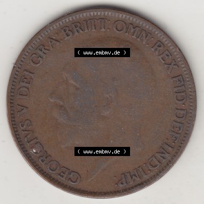 Münzen Großbritannien Eurovorläufer, Umlaufmünze vor Euroeinführung 1927-1927, 1 One Penny, 1927-2, George V, BM GEORGIVS V DEI GRABRITTOMNREX FIDDEFINDIMP.... Sammlung