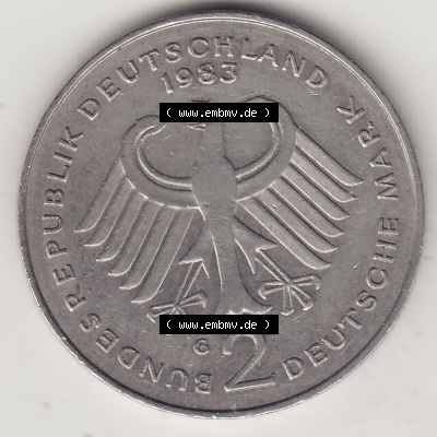 BRD Münzen 2 DM Gedenkmünze 1969-1987, 2 DM, Deutsche Mark Konrad Adenauer 1983 (Stück 1) G. Vorderseite der Münze aus Deutschland Sammlung