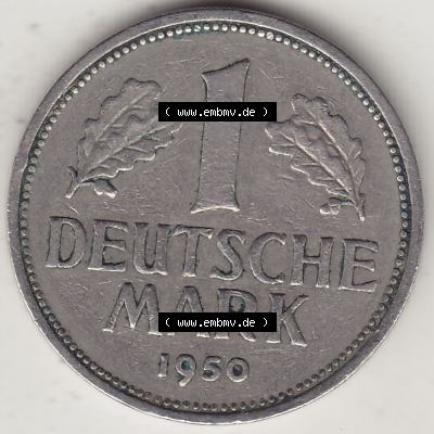 BRD Münzen 1 DM, Umlaufmünze 1950-2001, 1 DM Deutsche Mark, 1950 J-1. Rückseite der Münze aus Deutschland Sammlung