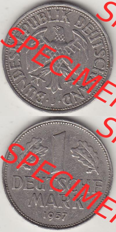 BRD Münzen 1 DM, Umlaufmünze 1950-2001, 1 DM Deutsche Mark, 1957 J-1. Vorderseite und Rückseite auf einen digitalen Bild / Foto der Münze aus Deutschland,... Sammlung