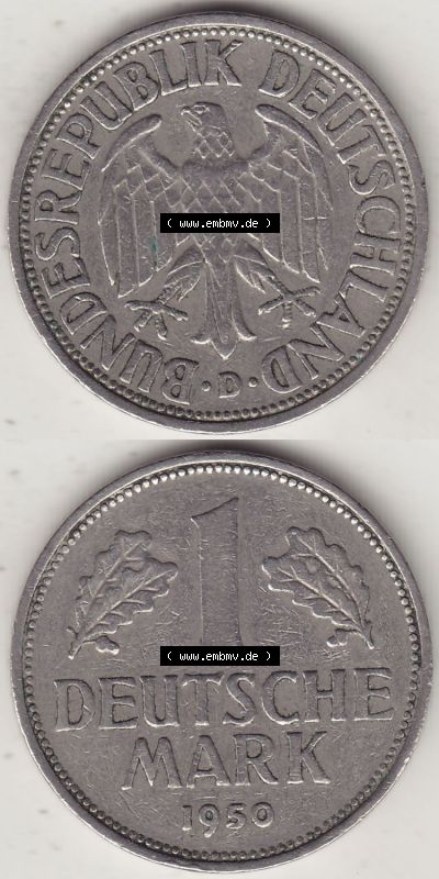 BRD Münzen 1 DM, Umlaufmünze 1950-2001, 1 DM Deutsche Mark, 1950 D-3. Vorderseite und Rückseite auf einen digitalen Bild /... Sammlung