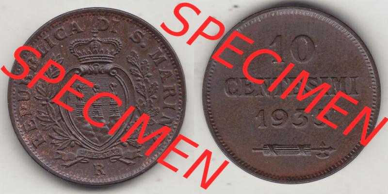 Bildmaterial Münzen aus San Marino vor 1950, 1935-1938, 10 Centesimi, (Cent-Wert), 1935-1, LIBERTAS REPUBBLICA DI S. MARINO, 10 CENTESIMI 1935... Sammlung
