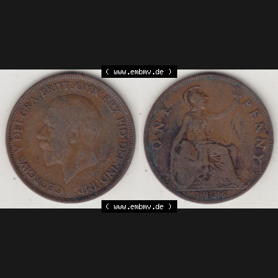 Münzen Großbritannien Eurovorläufer, Umlaufmünze vor Euroeinführung 1928-1936, 1 One Penny, 1936-2, George V. BM GEORGIVS V DEI GRABRITTOMNREX FIDDEFINDIMP.... Sammlung