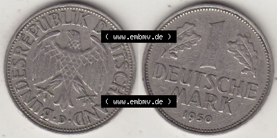 BRD Münzen 1 DM, Umlaufmünze 1950-2001, 1 DM Deutsche Mark, 1950 D-2. Vorderseite und Rückseite der Münze aus Deutschland Sammlung