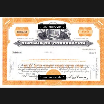Alte Wertpapiere Amerikanische Öl-Gesellschaften 1968, Sinclair Oil Corporation, This Certifities that 100 Shares, Zertifikat auf 100 Aktien (1) Sammlung