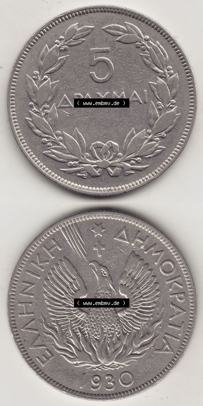 Münzen Griechenland Eurovorläufer, Umlaufmünze vor Euroeinführung 1930-1930, 5 Drachmen Apaxmai 1930 (Stück 1) (4) Sammlung