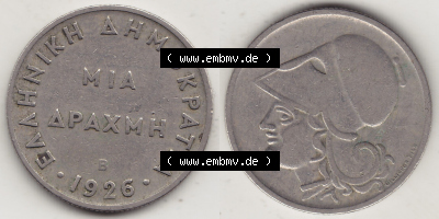 Münzen Griechenland Eurovorläufer, Umlaufmünze vor Euroeinführung 1926-1926, 1 Drachme, Mia Apaxmh 1926 (Stück 1) (3) Sammlung