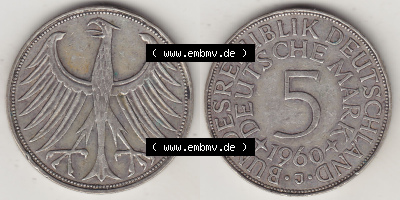 Münzen Deutsche Mark Silbermünze 1951-1974, 5 DM, 5 Deutsche Mark Silberadler, Heiermann 1960 J-1. Vorderseite und Rückseite... Sammlung