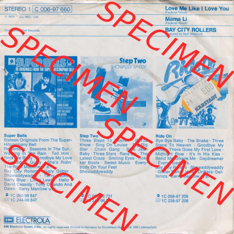 Schallplatten EMI Electrola 1976, Bay City Rollers mit Love Me Like I Love You und Mama Li. Rückseite der Schallplatte aus privater Sammlung, verwalte deine Schallplatten-Sammlung... Sammlung