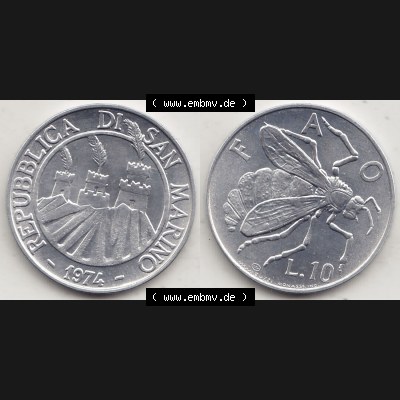 Aus offiziellen Münzensatz / KMS 1974 San Marino vor Euro 1974-1974, 10 Lire, L.10 MINGUZZI MONASSI INC. (3) Sammlung