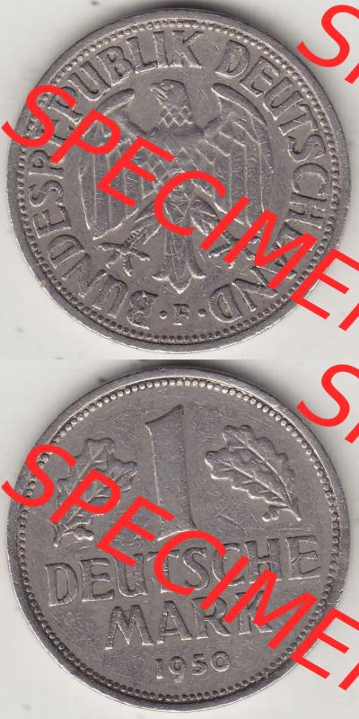 BRD Münzen 1 DM, Umlaufmünze 1950-2001, 1 DM Deutsche Mark, 1950 F-4. Vorderseite und Rückseite auf einen digitalen Bild / Foto der Münze aus Deutschland,... Sammlung