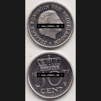 Aus offiziellen Münzensatz / KMS 1977 Niederlande 1950-1980, 10 Cent, 1977-1 JULIANA KONINGIN DER NEDERLANDEN. Vorderseite und Rückseite der Münze aus den Niederlanden Sammlung