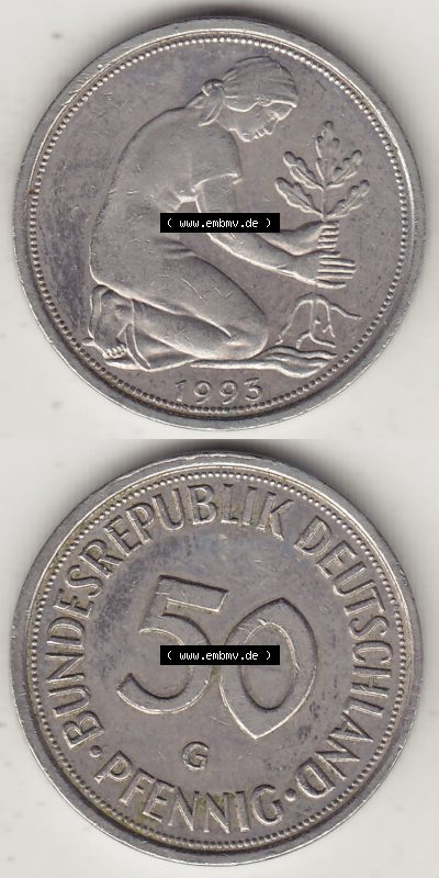 Münzen Deutschland 50 Pfennig der Deutschen Mark 1950-2001, 50 Pfennig 1993 G-1 (4) Sammlung