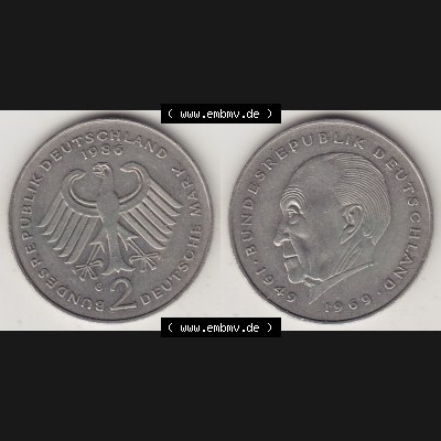 BRD Münzen 2 DM Gedenkmünze 1969-1987, 2 DM, Deutsche Mark Konrad Adenauer 1986-1 G. Vorderseite und Rückseite der Münze aus Deutschland Sammlung