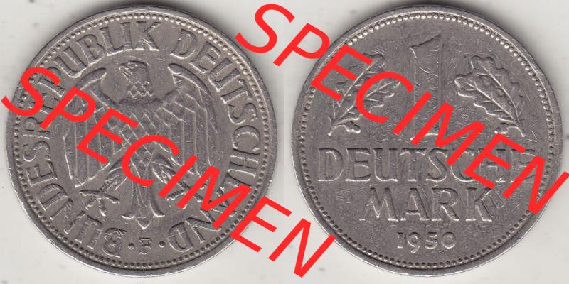 BRD Münzen 1 DM, Umlaufmünze 1950-2001, 1 DM Deutsche Mark, 1950 F-1. Vorderseite und Rückseite der Münze aus Deutschland Sammlung