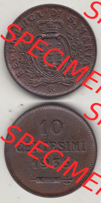 Bildmaterial Münzen aus San Marino vor 1950, 1935-1938, 10 Centesimi, (Cent-Wert), 1935-1, LIBERTAS REPUBBLICA DI S. MARINO, 10 CENTESIMI 1935... Sammlung