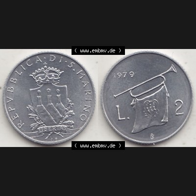 Aus offiziellen Münzensatz / KMS 1979 San Marino vor Euro 1979-1979, 2 Lire, J. V. LIBERTAS REPVBBLICA DI S. MARINO, 1979 L.2 (3) Sammlung