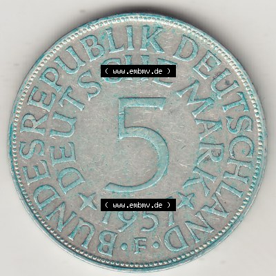 Münzen Deutsche Mark Silbermünze 1951-1974, 5 DM, 5 Deutsche Mark Silberadler, Heiermann 1957 F-2. Wert-Angabe von 5 DM der... Sammlung