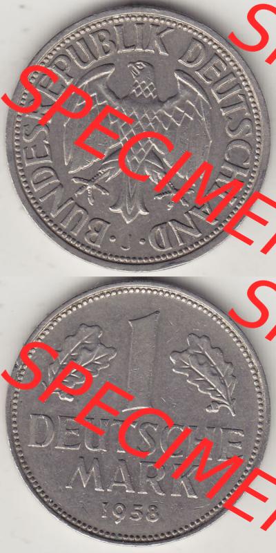 BRD Münzen 1 DM, Umlaufmünze 1950-2001, 1 DM Deutsche Mark, 1958 J-1. Vorderseite und Rückseite auf einen digitalen Bild / Foto der Münze aus Deutschland,... Sammlung