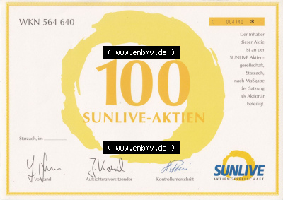 Alte Wertpapiere Bundesrepublik Deutschland in Deutscher Mark WKN 564 640, 100 Sunlive-Aktien (1) Sammlung