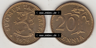 Münzen Finnland / SUOMI Eurovorläufer, Umlaufmünze vor Euroeinführung 1963-1990, 20 Penny Penniä 1976, SUOMEN TASAVALTA (3) Sammlung