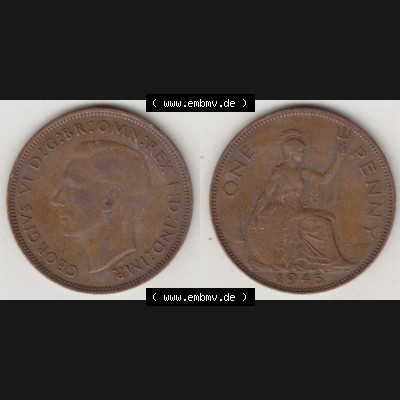 Münzen Großbritannien Eurovorläufer, Umlaufmünze vor Euroeinführung 1937-1948. 1 One Penny 1945-1, George VI, GEORGIVS VI DGBROMNREX FDINDIMP.... Sammlung