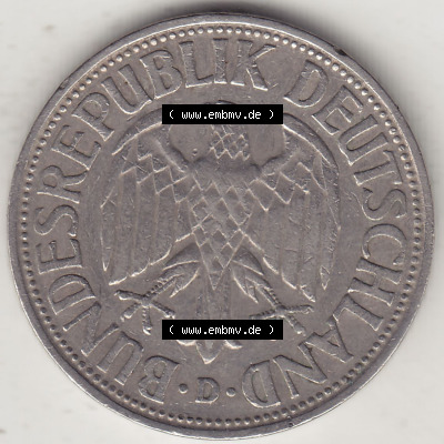 BRD Münzen 1 DM, Umlaufmünze 1950-2001, 1 DM Deutsche Mark, 1950 D-4. Vorderseite der Münze aus Deutschland Sammlung