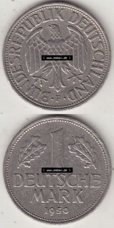 BRD Münzen 1 DM, Umlaufmünze 1950-2001, 1 DM Deutsche Mark, 1950 F-1. Vorderseite und Rückseite auf einen digitalen Bild /... Sammlung