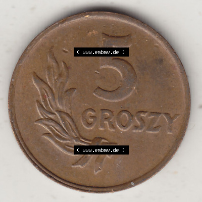 Münzen Republik Polen Eurovorläufer, Umlaufmünze 1949-1949, 5 Groszy, Groschen, Bronze 1949. Wert-Angabe auf 1949er Jahrgang... Sammlung