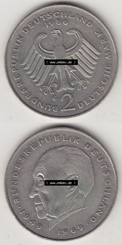 BRD Münzen 2 DM Gedenkmünze 1969-1987, 2 DM, Deutsche Mark Konrad Adenauer 1986 (Stück 1) G. Vorderseite und Rückseite auf... Sammlung