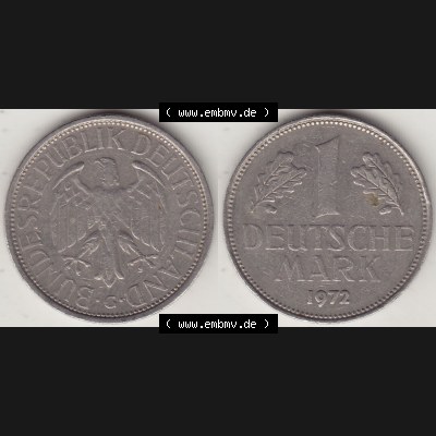 BRD Münzen 1 DM, Umlaufmünze 1950-2001, 1 DM Deutsche Mark, 1972 G-1. Vorderseite und Rückseite der Münze aus Deutschland Sammlung