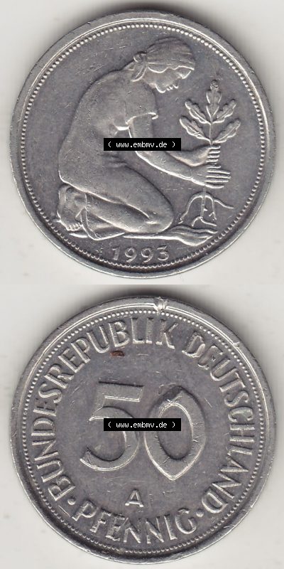 Münzen Deutschland 50 Pfennig der Deutschen Mark 1990-2001, 50 Pfennig 1993 A-1 (4) Sammlung