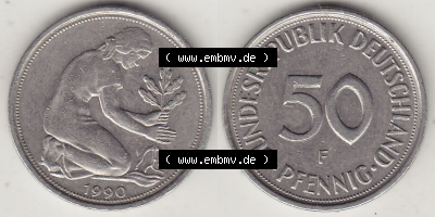 Münzen Deutschland 50 Pfennig der Deutschen Mark 1950-2001, 50 Pfennig 1990 F-1 (3) Sammlung