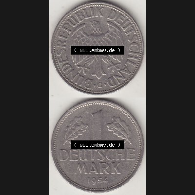 BRD Münzen 1 DM, Umlaufmünze 1950-2001, 1 DM Deutsche Mark, 1954 G-3. Vorderseite und Rückseite auf einen digitalen Bild / Foto der Münze aus Deutschland,... Sammlung