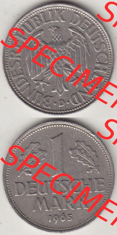 BRD Münzen 1 DM, Umlaufmünze 1950-2001, 1 DM Deutsche Mark, 1965 D-1. Vorderseite und Rückseite auf einen digitalen Bild / Foto der Münze aus Deutschland,... Sammlung