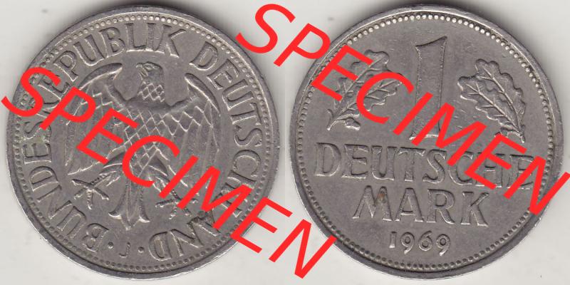 BRD Münzen 1 DM, Umlaufmünze 1950-2001, 1 DM Deutsche Mark, 1969 J-1. Vorderseite und Rückseite der Münze aus Deutschland Sammlung