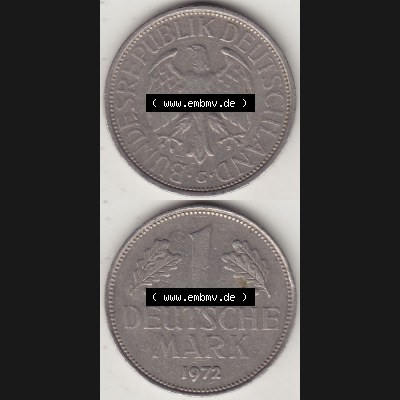 BRD Münzen 1 DM, Umlaufmünze 1950-2001, 1 DM Deutsche Mark, 1972 G-1. Vorderseite und Rückseite auf einen digitalen Bild / Foto der Münze aus Deutschland,... Sammlung