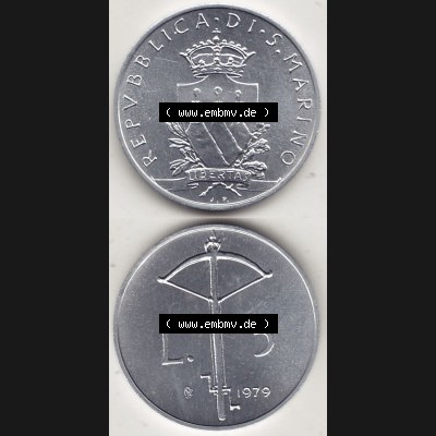 Aus offiziellen Münzensatz / KMS 1979 San Marino vor Euro 1979-1979, 5 Lire, LIBERTAS REPVBBLICA DI S. MARINO, 1979 L.5 (4) Sammlung