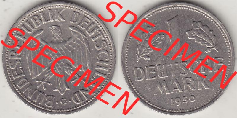 BRD Münzen 1 DM, Umlaufmünze 1950-2001, 1 DM Deutsche Mark, 1950 G-3. Vorderseite und Rückseite der Münze aus Deutschland Sammlung