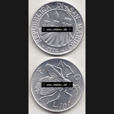 Aus offiziellen Münzensatz / KMS 1974 San Marino vor Euro 1974-1974, 10 Lire, L.10 MINGUZZI MONASSI INC. (4) Sammlung