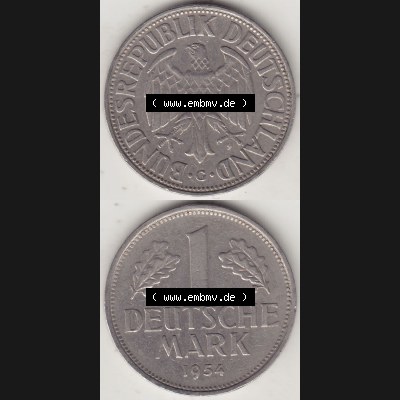 BRD Münzen 1 DM, Umlaufmünze 1950-2001, 1 DM Deutsche Mark, 1954 G-4. Vorderseite und Rückseite auf einen digitalen Bild / Foto der Münze aus Deutschland,... Sammlung