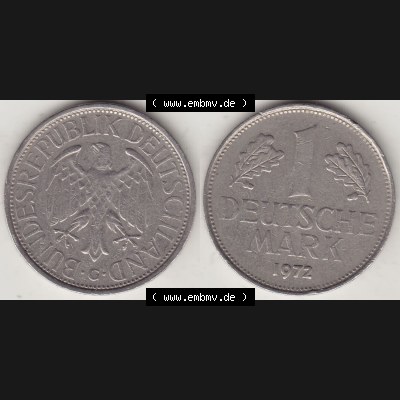 BRD Münzen 1 DM, Umlaufmünze 1950-2001, 1 DM Deutsche Mark, 1972 G-2. Vorderseite und Rückseite der Münze aus Deutschland Sammlung