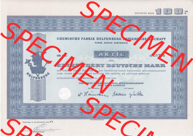 Alte Wertpapiere Bundesrepublik Deutschland in Deutsche Mark 1966, 100 DM, Einhundert Deutsche Mark, Aktie Chemische Fabrik Helpenberg Aktien-Gesellschaft (1) Sammlung